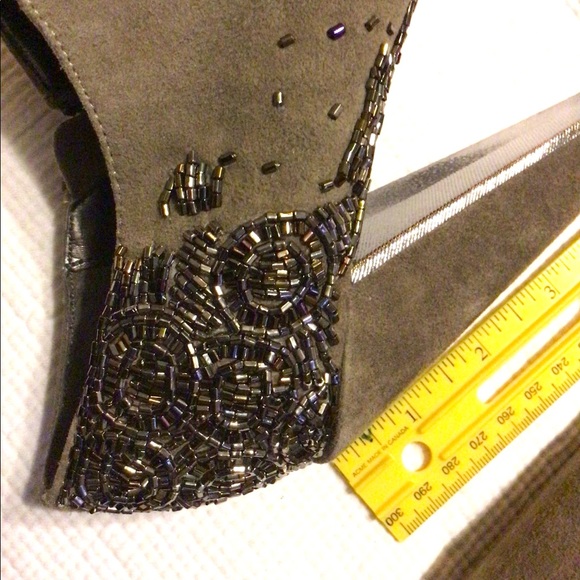 Taupe suede high heel booties w/ beading - Picture 4 of 8
